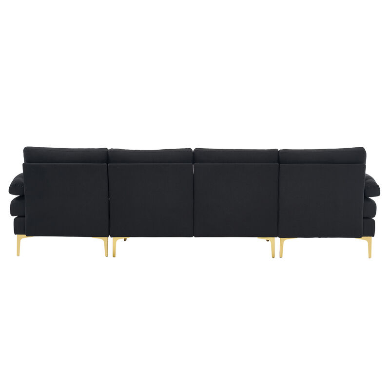 4-Seater U-Shaped Indoor Modular Sofa, Linen Seat with Wooden & Iron Frame, Gold Feet