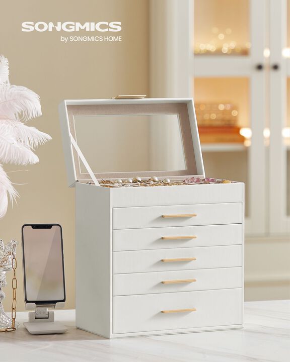 Modern 6-Layer Jewelry Organizer with Glass Lid and 5 Drawers - Ideal for Big Jewelry and Sunglasses