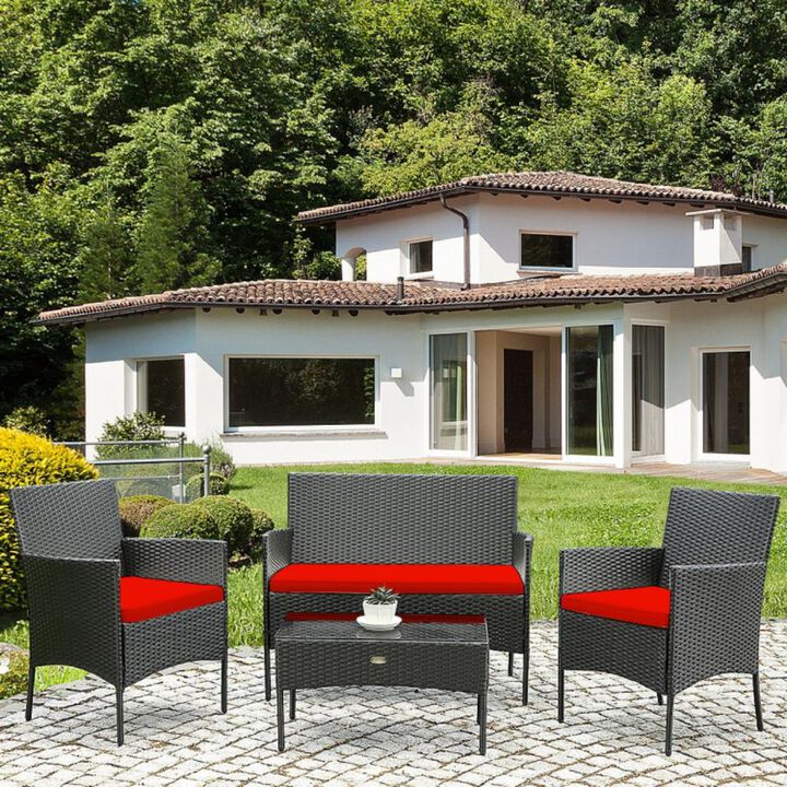 Hivvago 4 Pieces Patio Rattan Cushioned Sofa Set with Tempered Glass Coffee Table
