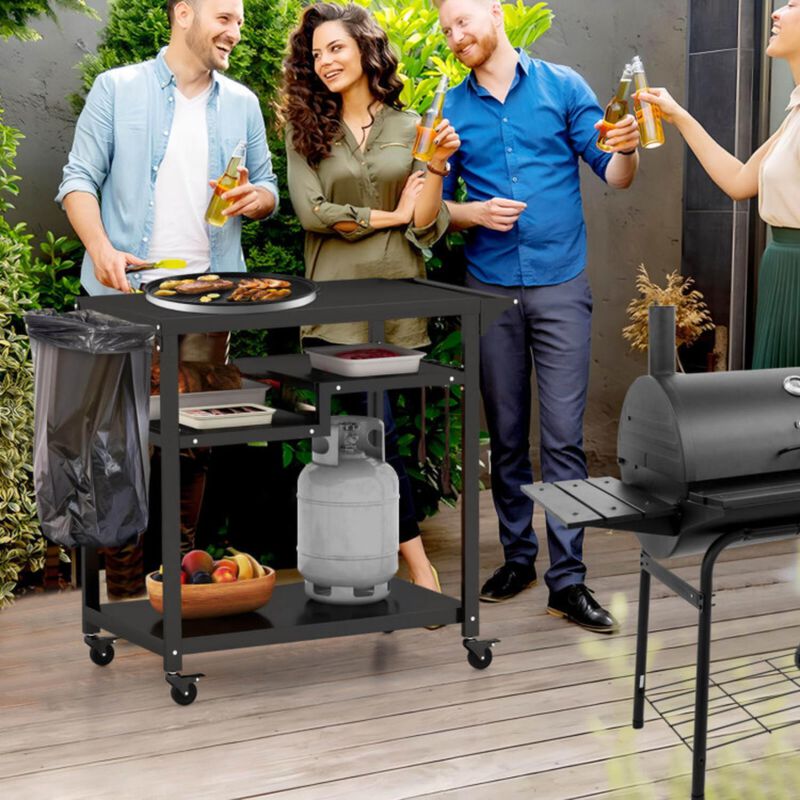 Hivvago Rolling Grill Cart 3-Shelf BBQ Cart with Hooks and Side Handle-Black