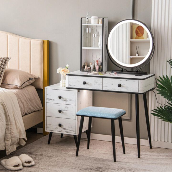 Hivvago Vanity Table Set with 3-Color Lighted Mirror and Cushioned Stool