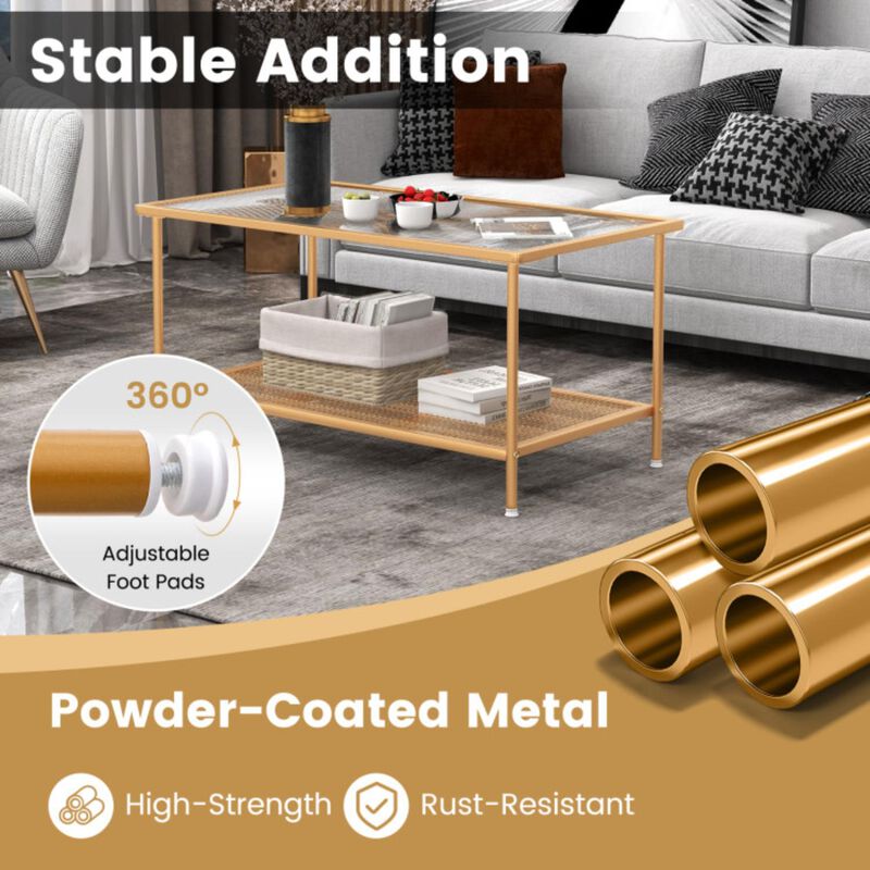 Hivvago 2-Tier Coffee Table with Shelf Center Tea Table with Tempered Glass Top