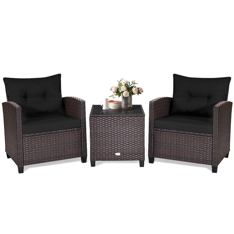 3 Pcs Patio Rattan Furniture Set Cushioned Conversation Set Coffee Table