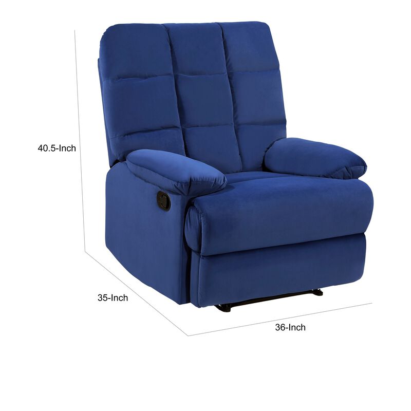 Patty 36 Inch Manual Recliner Chair, Cushioned, Blue Velvet, Solid Wood - Benzara