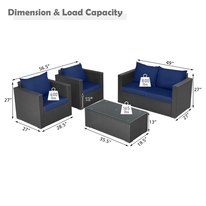4 Pieces Patio Rattan Conversation Set with Padded Cushion and Tempered Glass Coffee Table