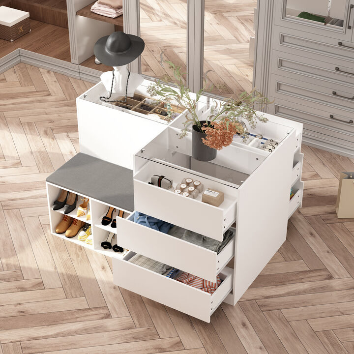 Armoire Bedroom Island Wardrobe Closet Island with 9 Drawers & Glass Tabletop, Island Dresser with Cushion Bench, Closet Island for Bedroom Cloakroom White (47.2”W x 27.5”W x 31.5”H)