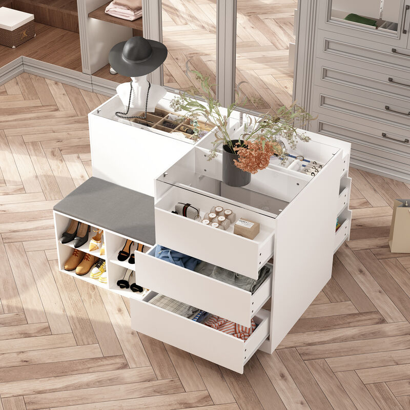 Armoire Bedroom Island Wardrobe Closet Island with 9 Drawers & Glass Tabletop, Island Dresser with Cushion Bench, Closet Island for Bedroom Cloakroom White (47.2”W x 27.5”W x 31.5”H)