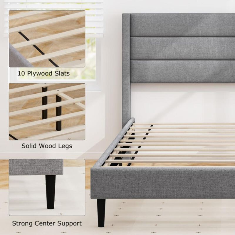 Hivvago Linen Upholstered Platform Bed Frame with Wingback Headboard