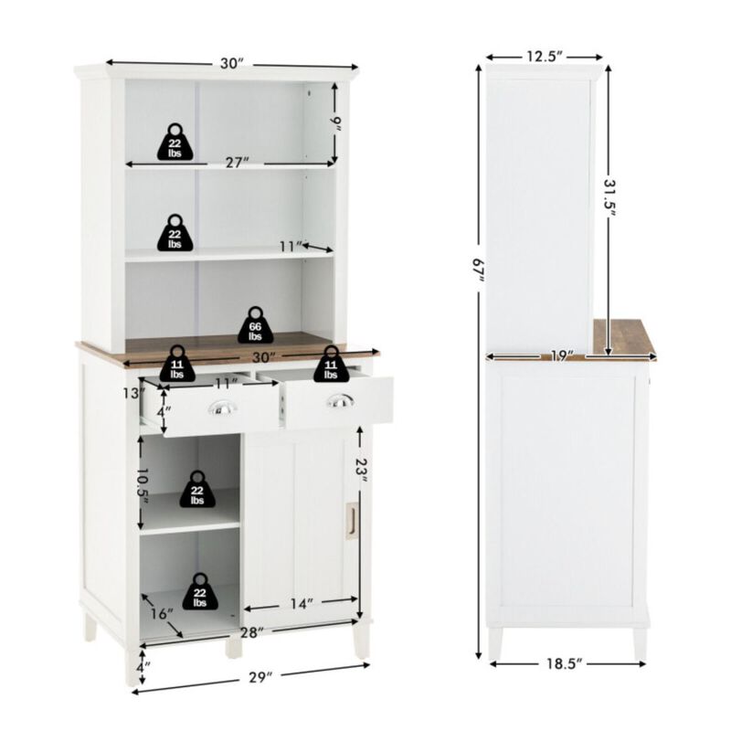 Hivvago Freestanding Kitchen Pantry with Hutch Sliding Door and Drawer-White