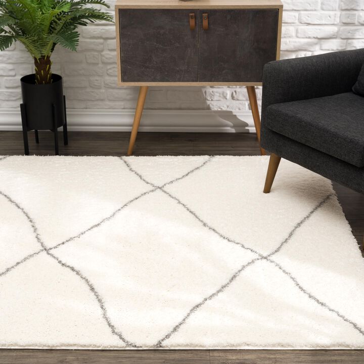 Retro Contemporary Boho Shag White Grey Indoor Area Rug
