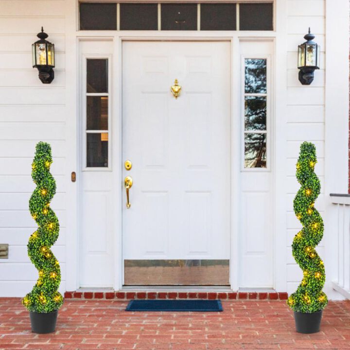 Hivvago Pre-Lit Artificial Boxwood Spiral Topiary Tree Set of 2 with 100 LED Lights