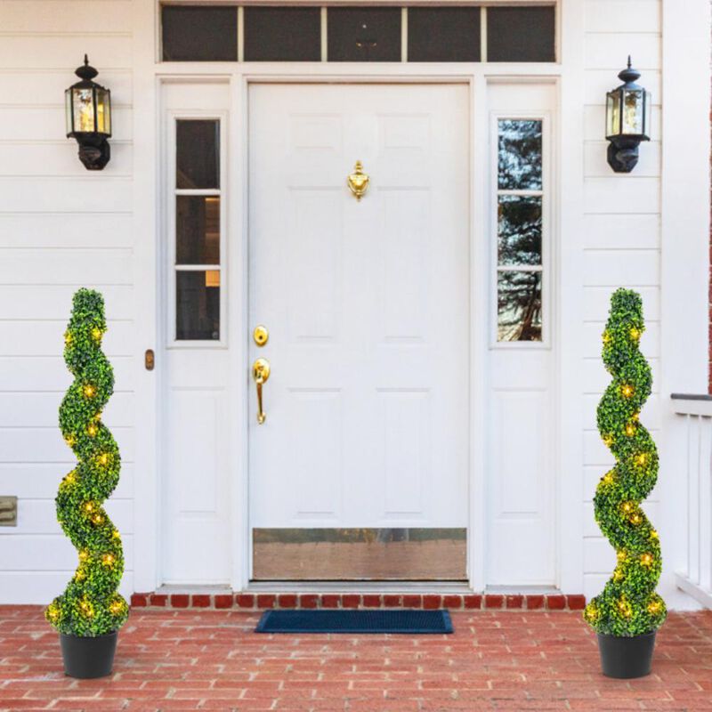 Hivvago Pre-Lit Artificial Boxwood Spiral Topiary Tree Set of 2 with 100 LED Lights