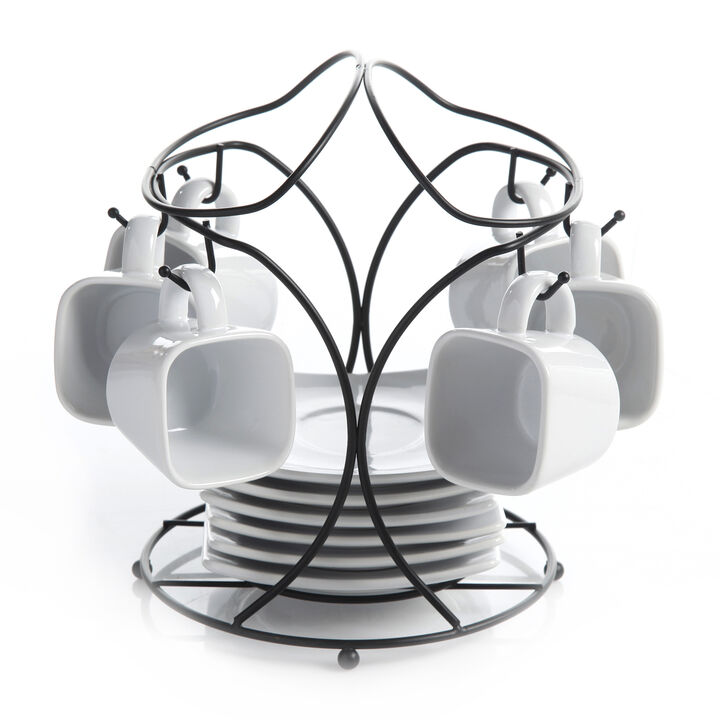 Gibson Elite Gracious Dining 13-Piece Porcelain Espresso and Saucer Set with Metal Rack