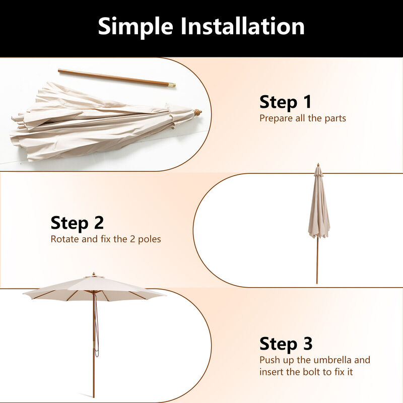 10 Feet Patio Umbrella with 8 Wooden Ribs and 3 Adjustable Heights-Beige