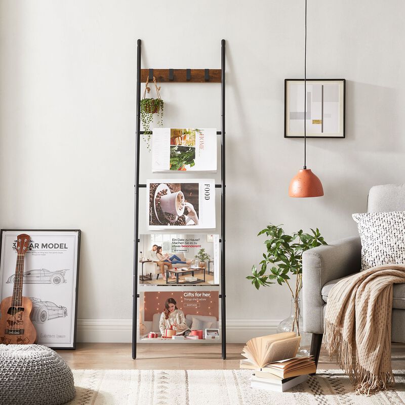5-Tier Blanket Ladder with Hooks - Rustic Brown and Black, Industrial Metal Frame