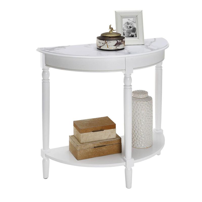 Convenience Concepts French Country Half-Round Entryway Table with Shelf, White Faux Marble/White