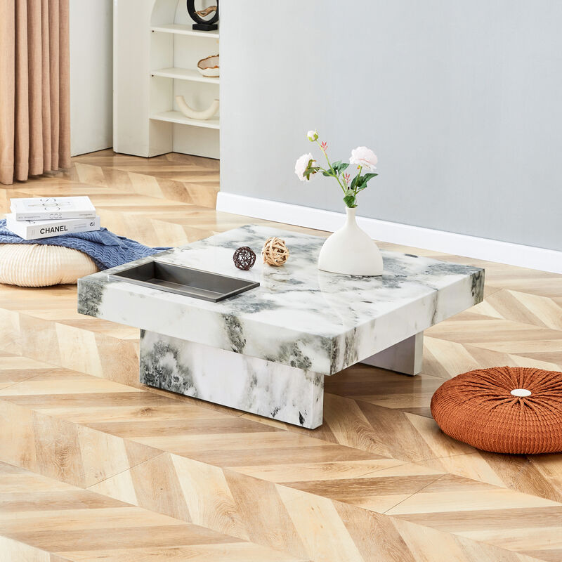 Elegant Black and White Marble Coffee Table 31.4" Square