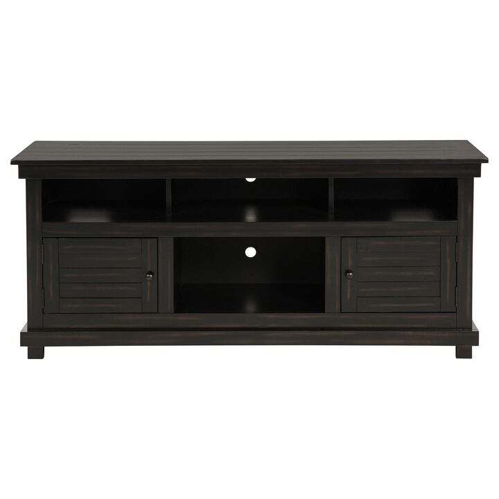 Ayne TV Stand Media Cabinet, 2 Doors and 4 Shelves, Black Wood 60 Inch - Benzara