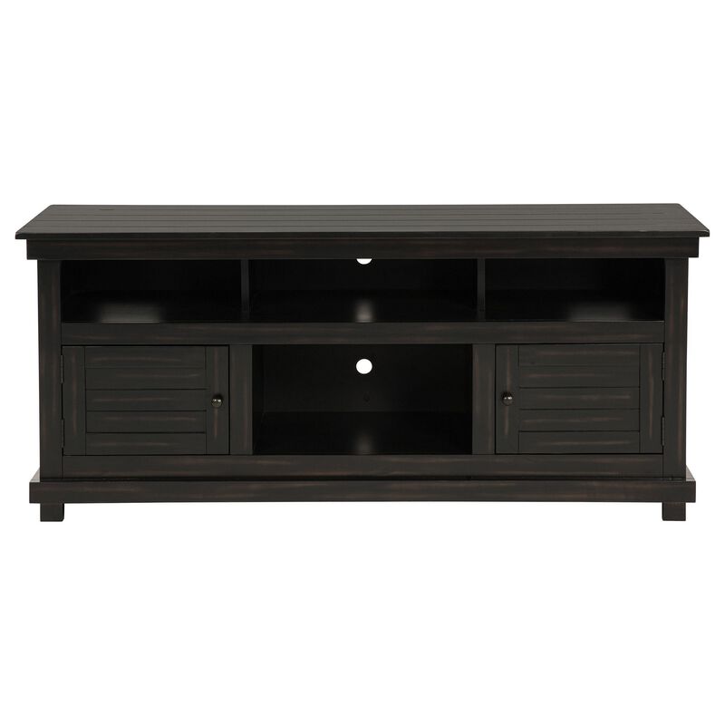 Ayne TV Stand Media Cabinet, 2 Doors and 4 Shelves, Black Wood 60 Inch - Benzara