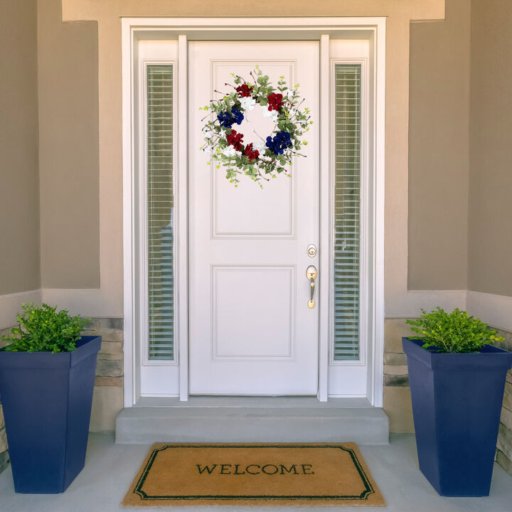 Red  white and Blue Hydrangea and Eucalyptus Patriotic Artificial Wreath
