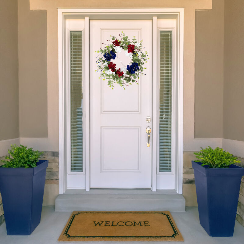 Red  white and Blue Hydrangea and Eucalyptus Patriotic Artificial Wreath