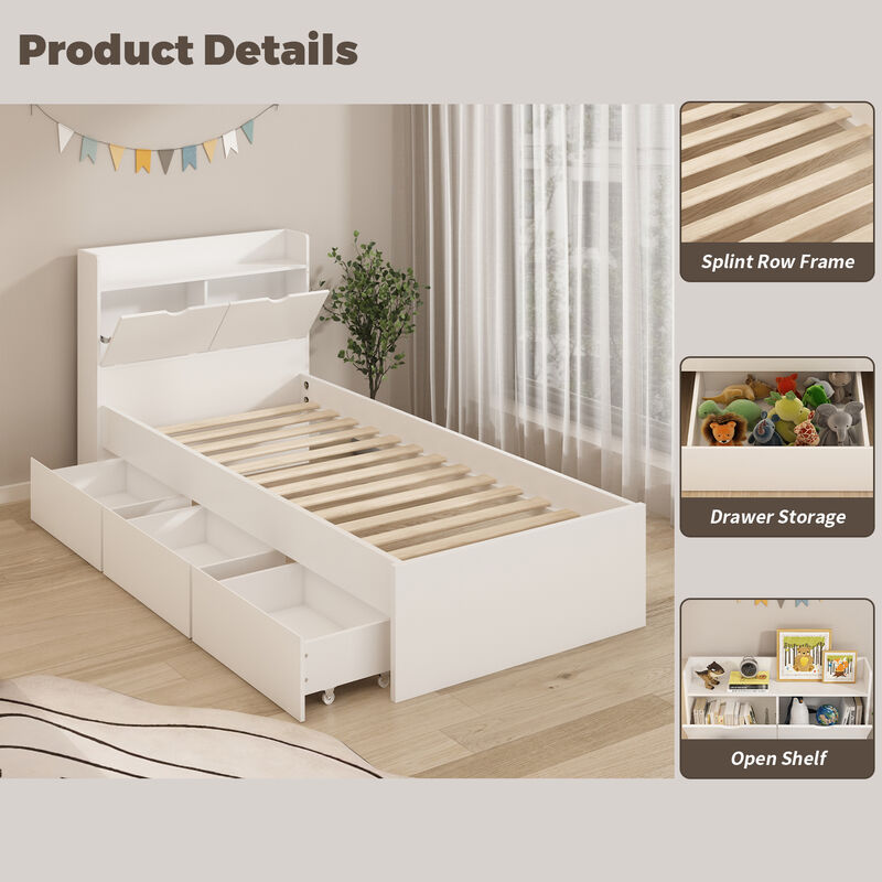 White Wood Frame Twin Bed Platform Bed Storage Bed with 3-Wheels Drawers and Headboard