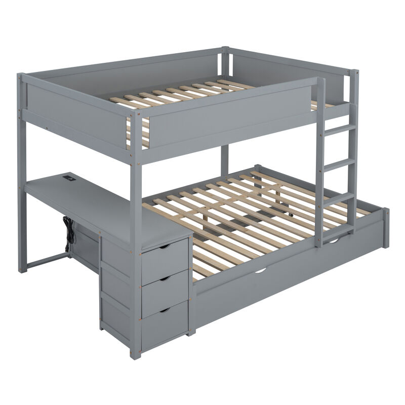 Full Over Full Bunk Bed With Twin Size Trundle, Storage And Desk, Gray