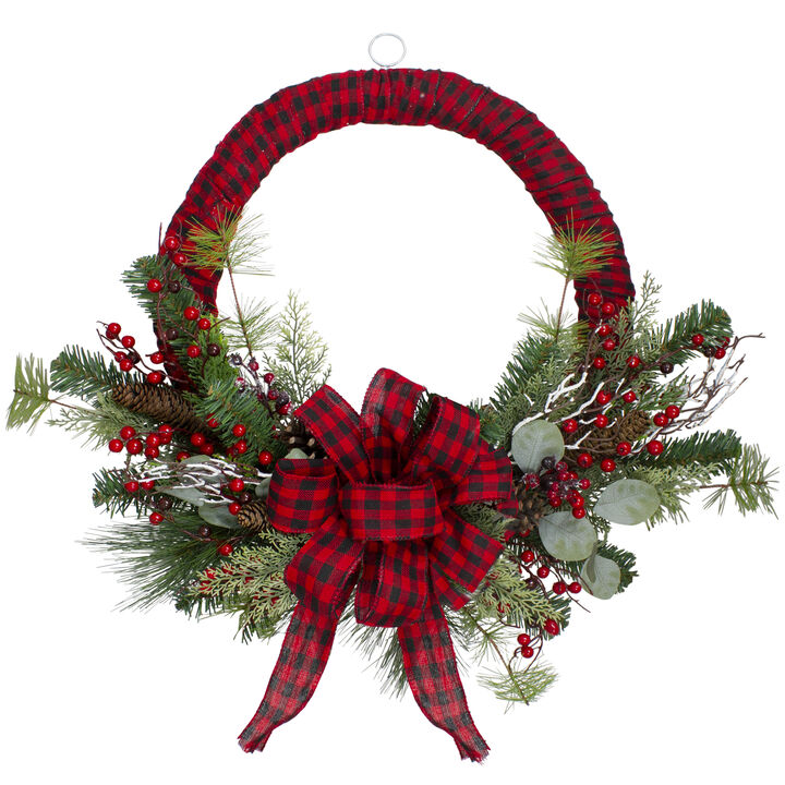 Red and Black Buffalo Plaid and Berry Artificial Christmas Wreath - 24-Inch  Unlit