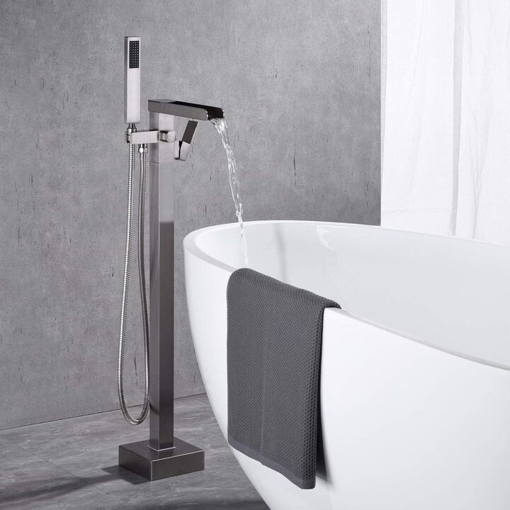 Bathroom Freestanding Waterfall Tub Filler Brushed Nickel Floor Mount Faucet With Hand Shower