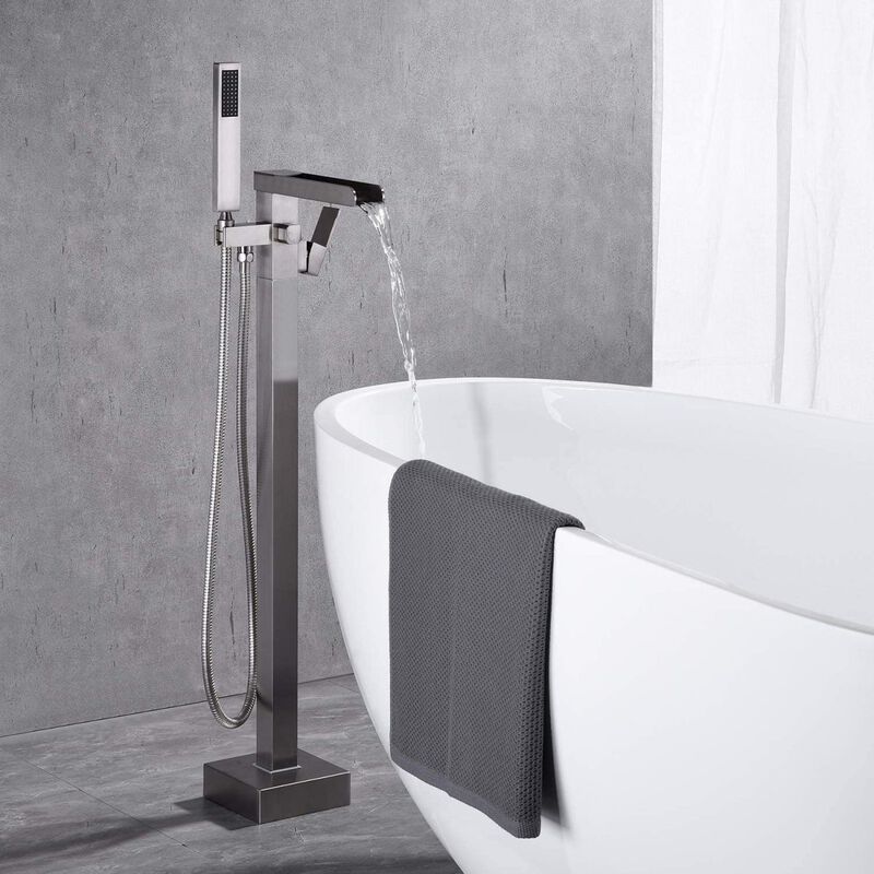Bathroom Freestanding Waterfall Tub Filler Brushed Nickel Floor Mount Faucet With Hand Shower