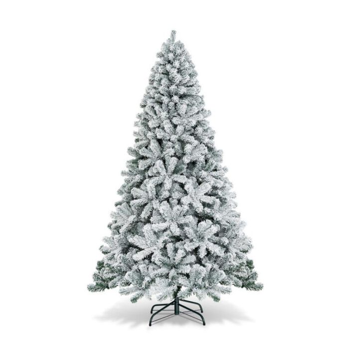 Artificial Snow Decorated Flocked Hinged Christmas Tree with Metal Stand