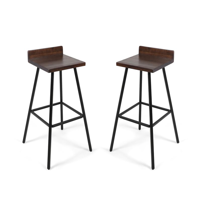 Barstool Chair Set of 2, Brown Acacia Wood, Black Angled Iron Legs -Benzara