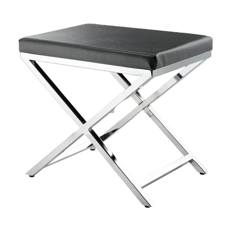 Myra 21 Inch Accent Stool, Gray Faux Leather Seat, Chrome Crossed Legs - Benzara