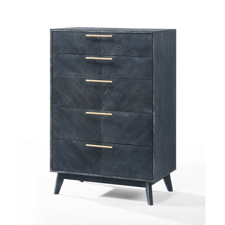 Cid Coy 47 Inch Tall Dresser Chest, 5 Drawer, Gold Metal, Ash Gray Wood - Benzara