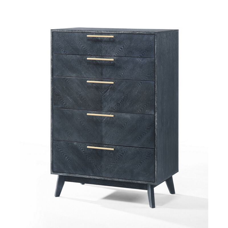 Cid Coy 47 Inch Tall Dresser Chest, 5 Drawer, Gold Metal, Ash Gray Wood - Benzara