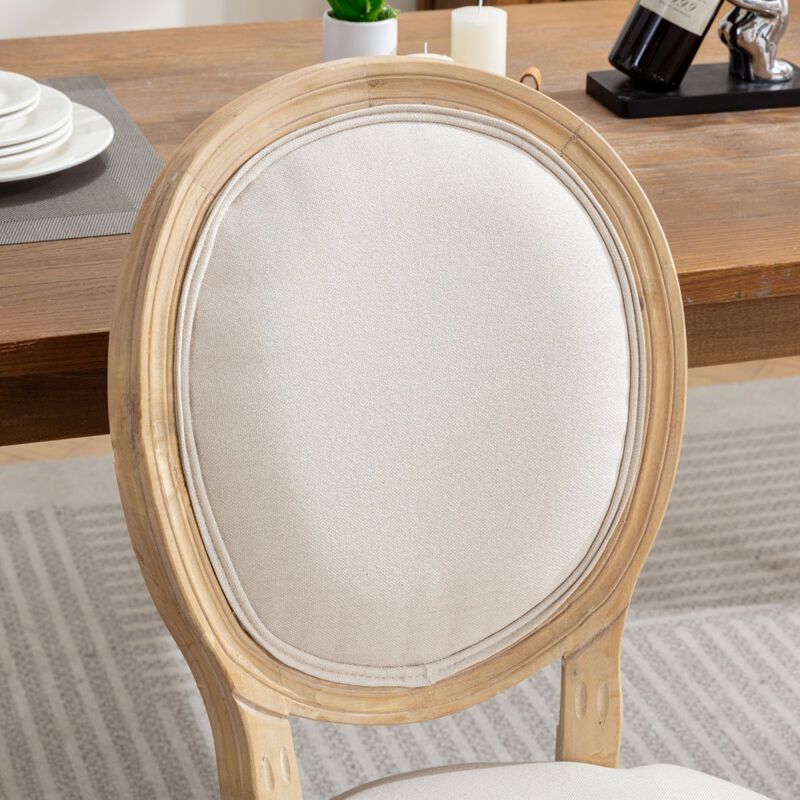 French Style Solid Wood Frame Antique Painting Linen Fabric Back Dining Chair, Set Of 2, Beige