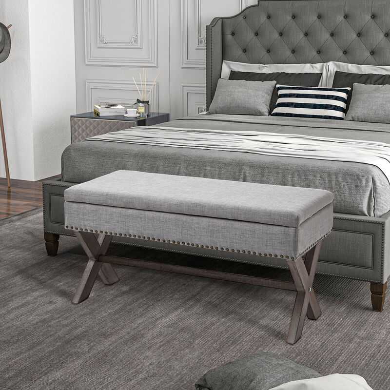 Grey Fabric Ottoman Shoe Stool Storage Cushion Bench Seat Stool Bedroom Entryway