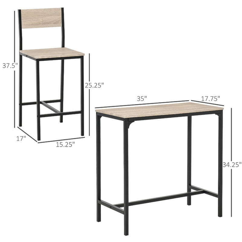 Natural Wood Bistro: 3-Piece Industrial Bar Table Set with 2 Stools
