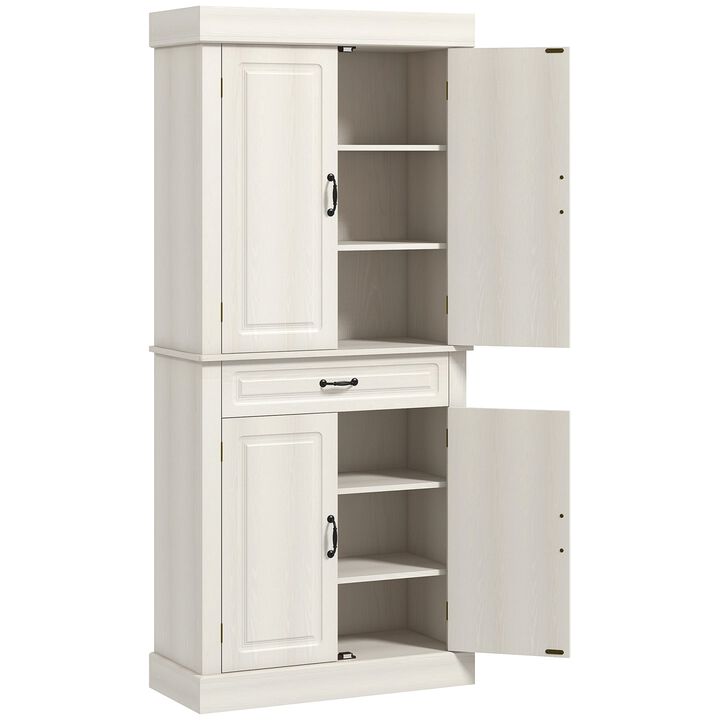 71" Distressed White Pantry: 4 Doors, 2 Cabinets, Drawer