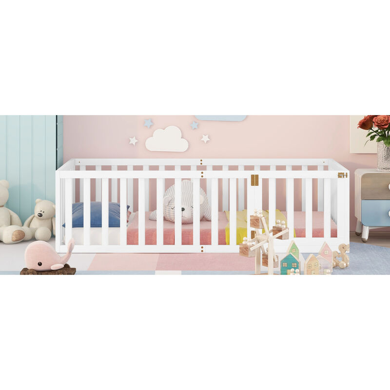 Twin Size Wood Floor Bed Frame With Fence And Door