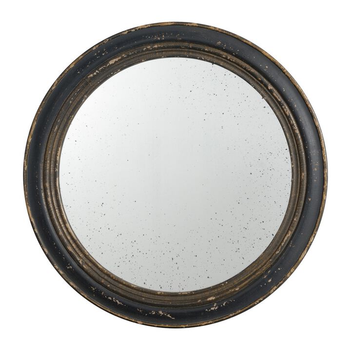 24 Inch Round Wall Mount Mirror, Molded Trim Wood Frame, Distressed Brown-Benzara