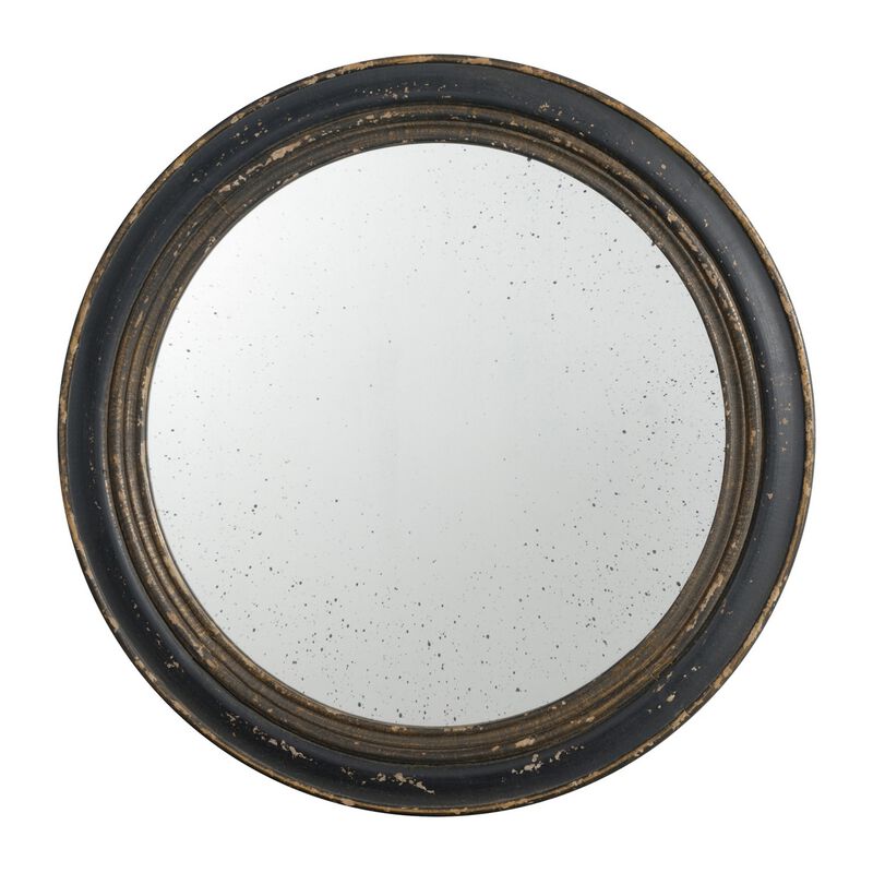 24 Inch Round Wall Mount Mirror, Molded Trim Wood Frame, Distressed Brown-Benzara
