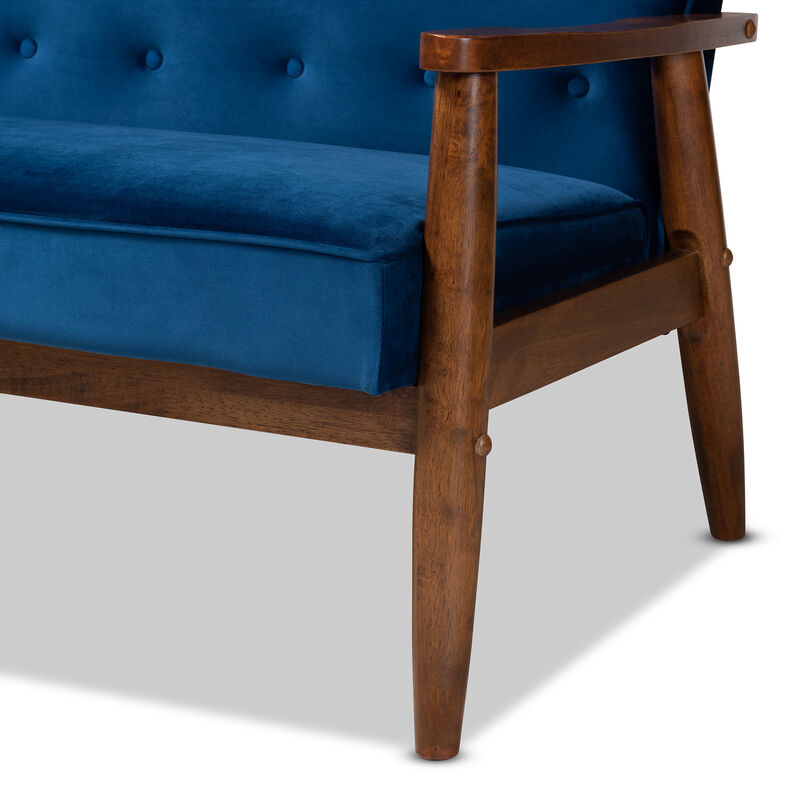 Baxton Studio Sorrento Navy Velvet Fabric Upholstered Walnut Finished Wooden 3 seater Sofa
