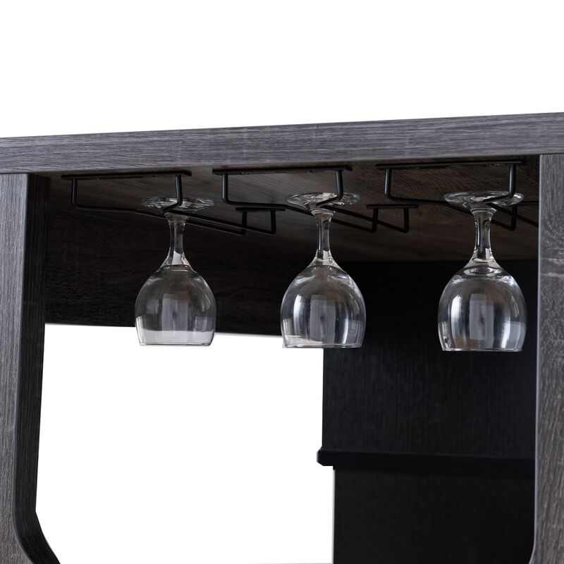 Transitional Style Wooden Bar Table with 3 Tier Side Shelves, Gray-Benzara