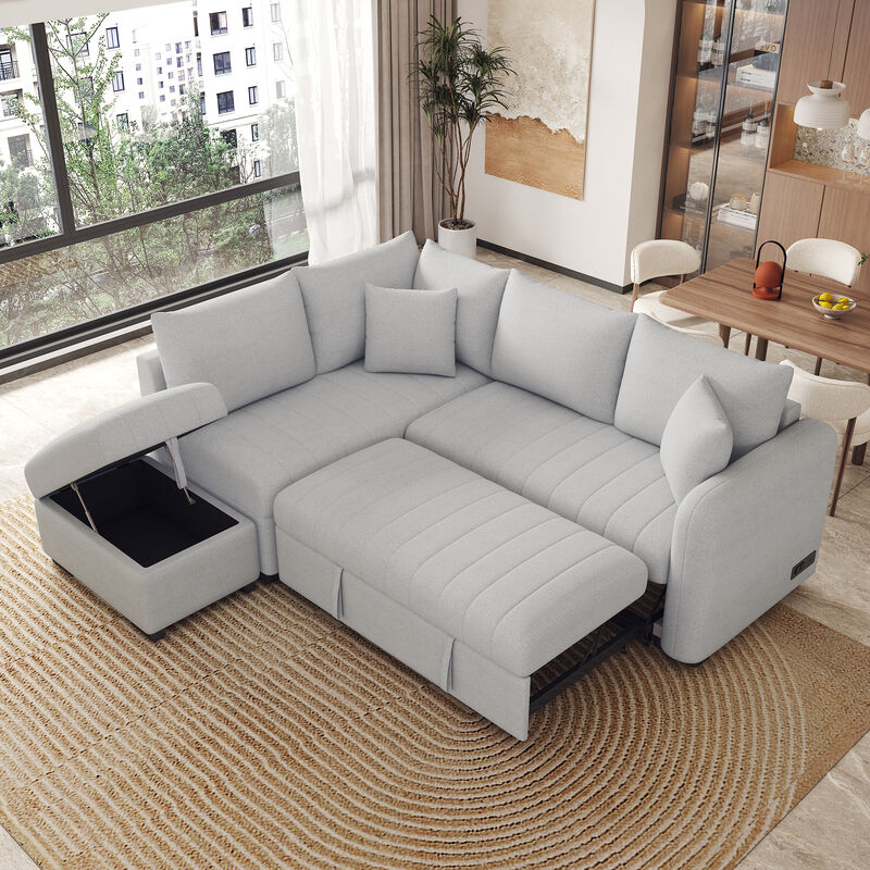 Merax L-shaped Sectional Pull Out Sofa Bed Sleeper Sofa with 2 USB Ports
