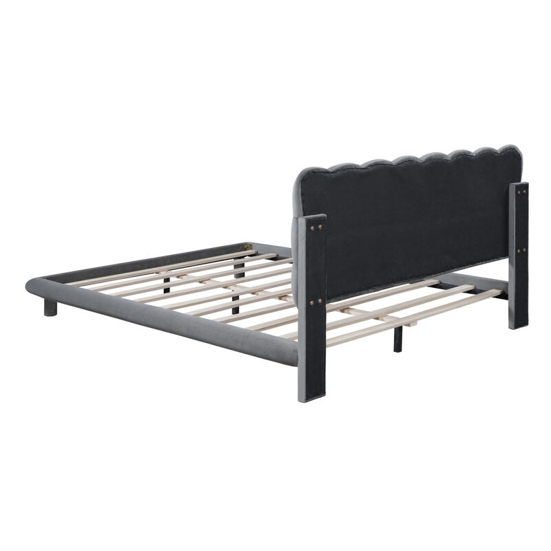 Gray Velvet Platform Bed with LED Frame