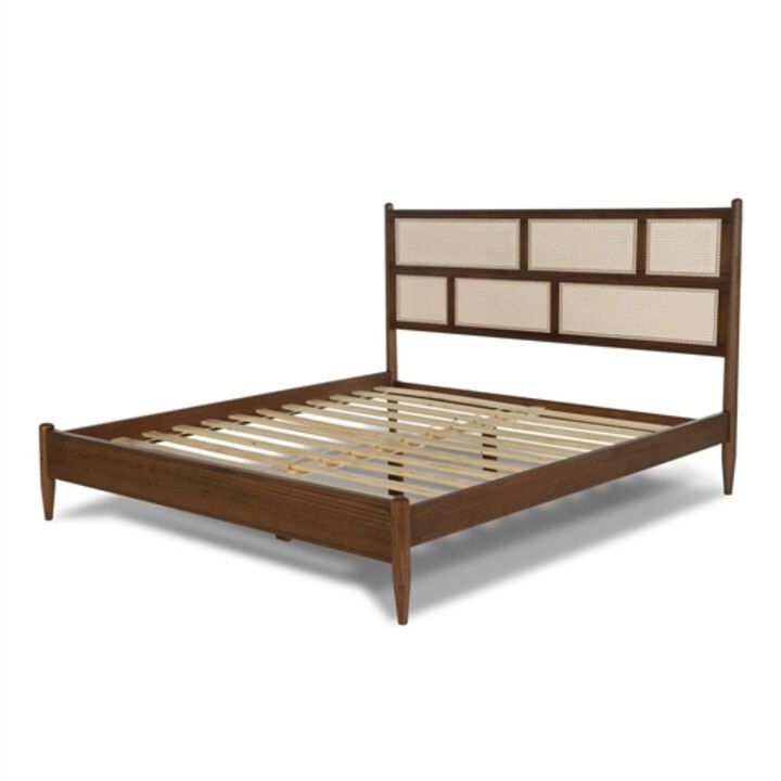 Hivvago Queen Size Hardwood Platform Bed Frame with Cane Paneling Headboard in Walnut