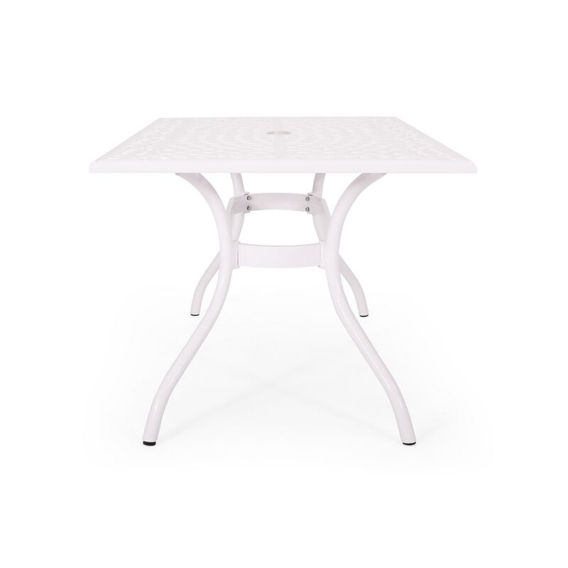 Toni Table, 67 Inch Rectangular Lattice Top, Saber Legs, White Aluminium