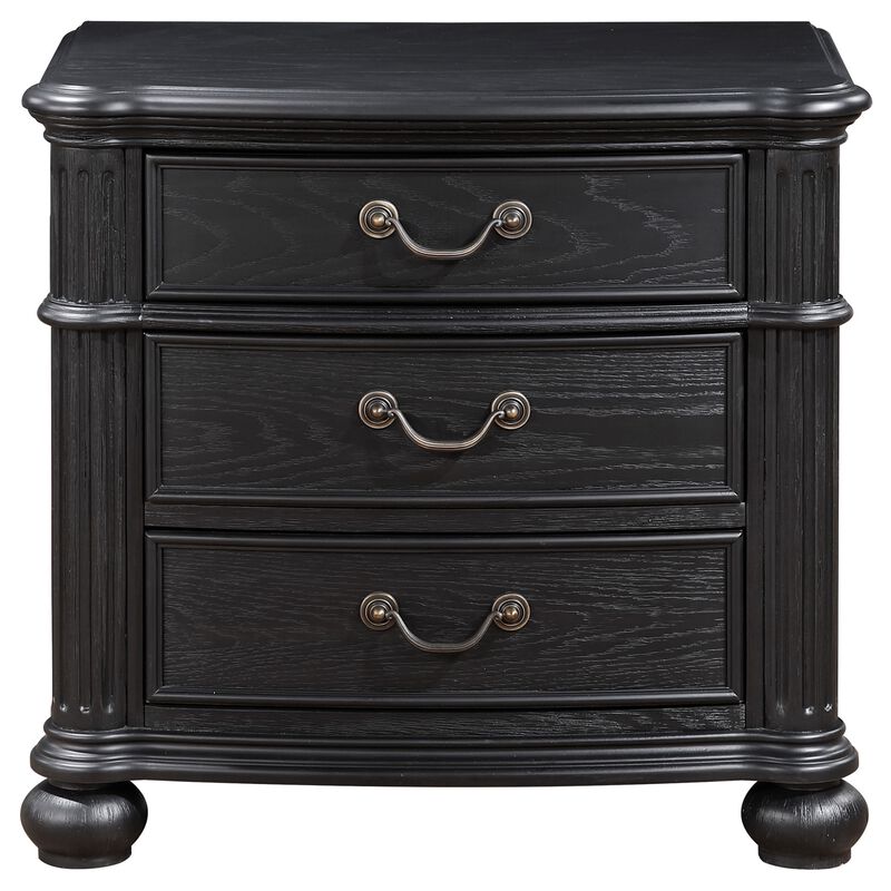 Selena Nightstand, 3 Drawers, Metal Handles in Antique Copper Tone, Black - Benzara