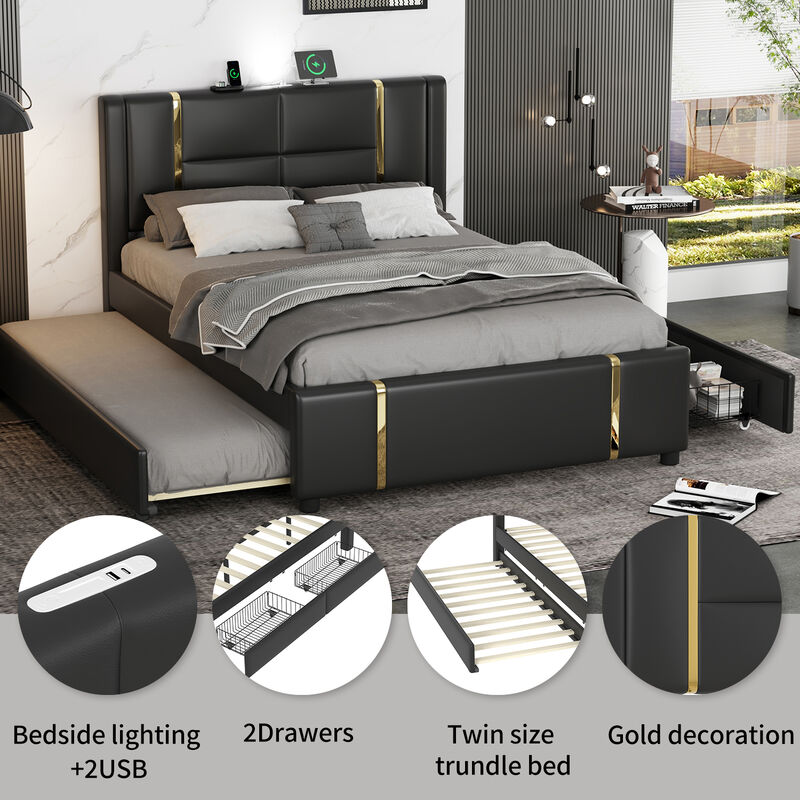 Merax PU Upholstered Platform Bed with Trundle
